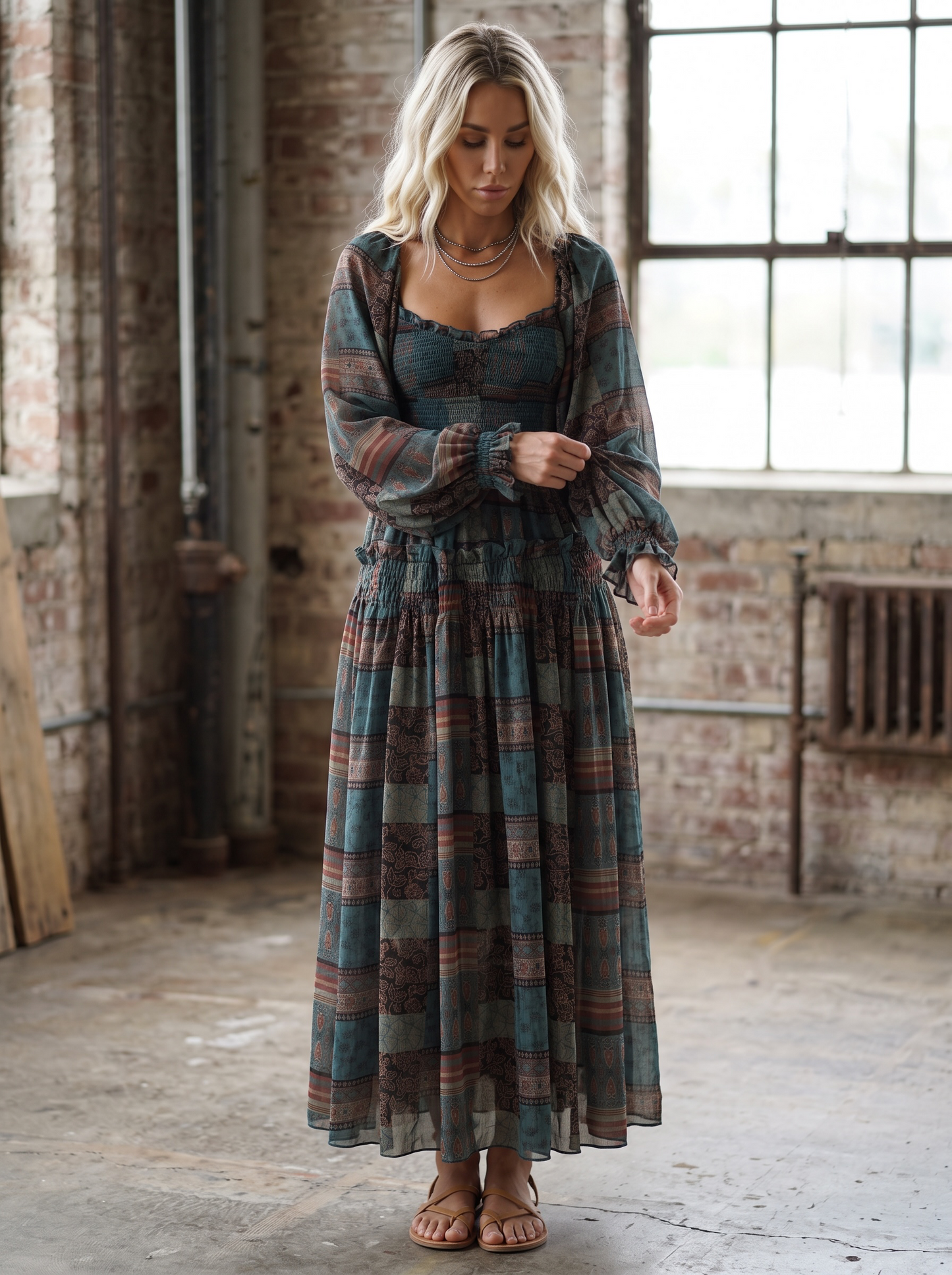 Promesa Patchwork-Print Smocked Maxi Dress