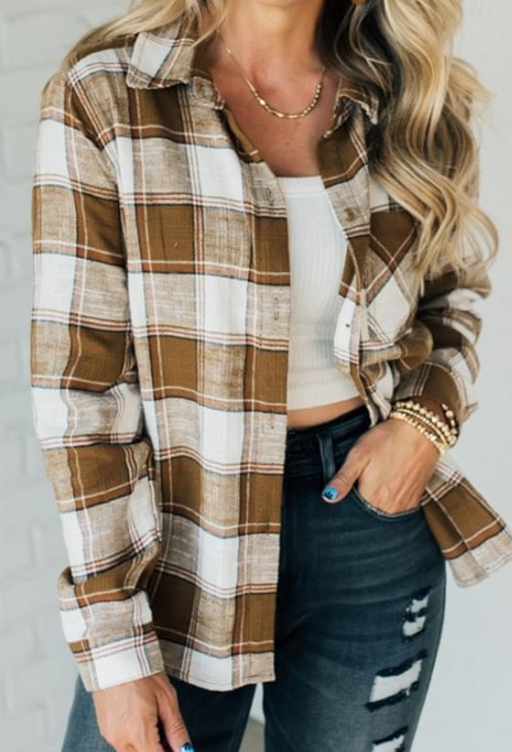 Cotton Plaid Shacket With Front Pocket