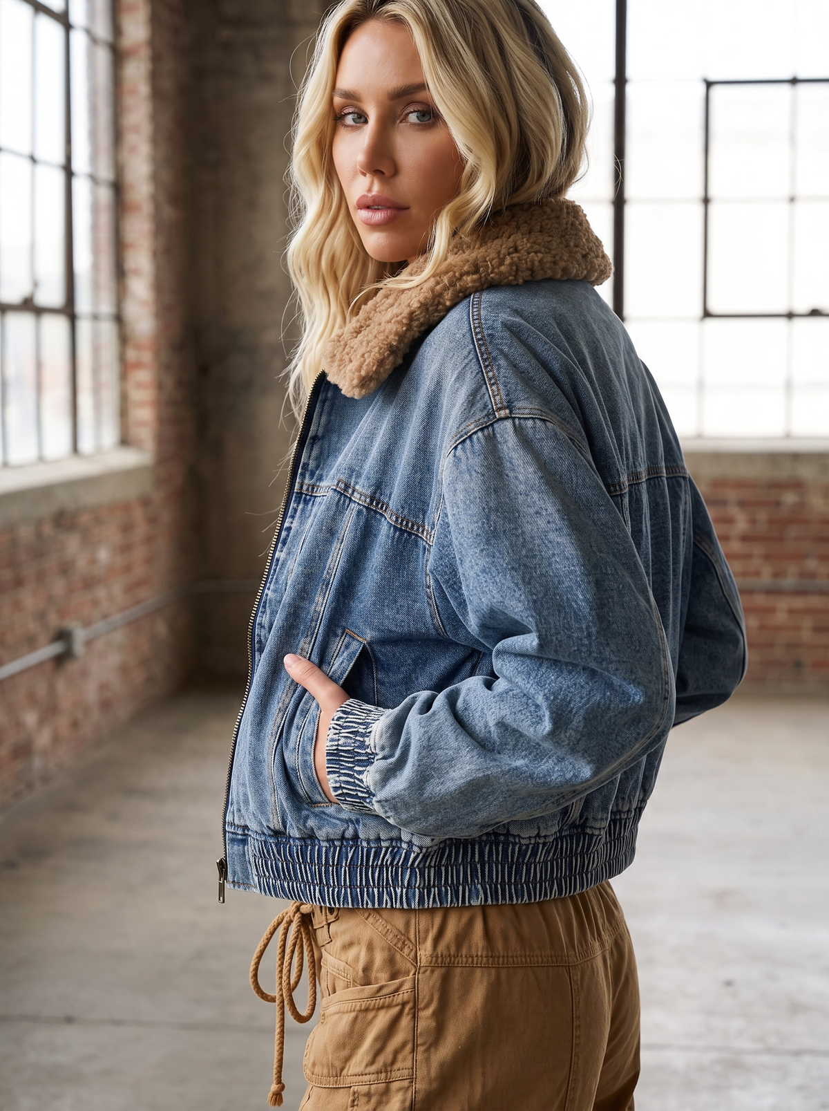 Mitto Shop Faux Fur Denim Bomber Jacket