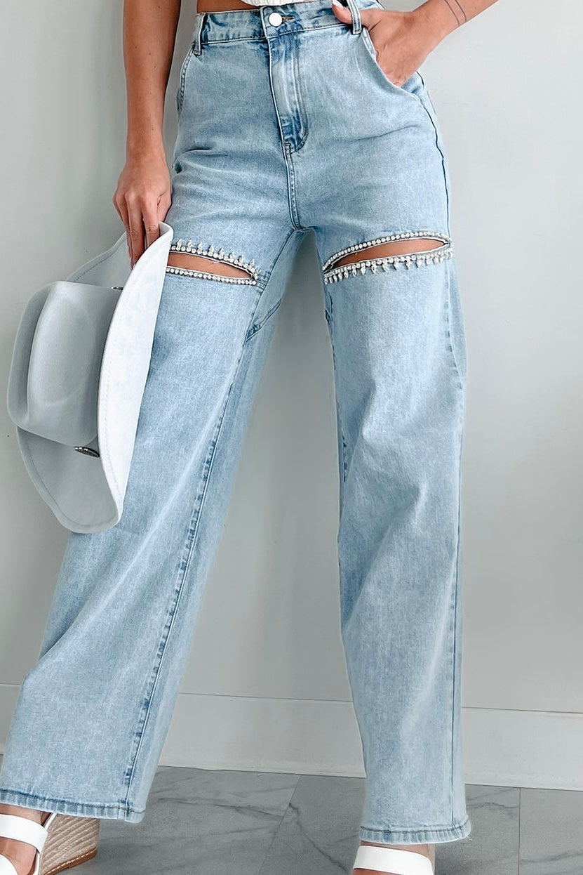 Washed Denim Cut Front Rhinestone Jeans