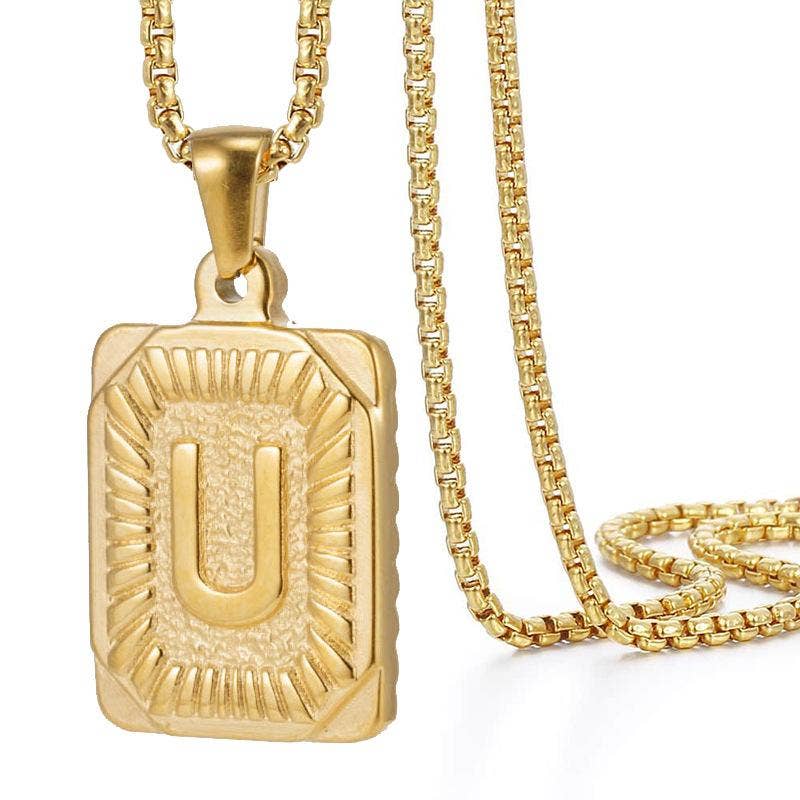 18K Gold Plated Stainless Steel Rectangle Initial Necklace