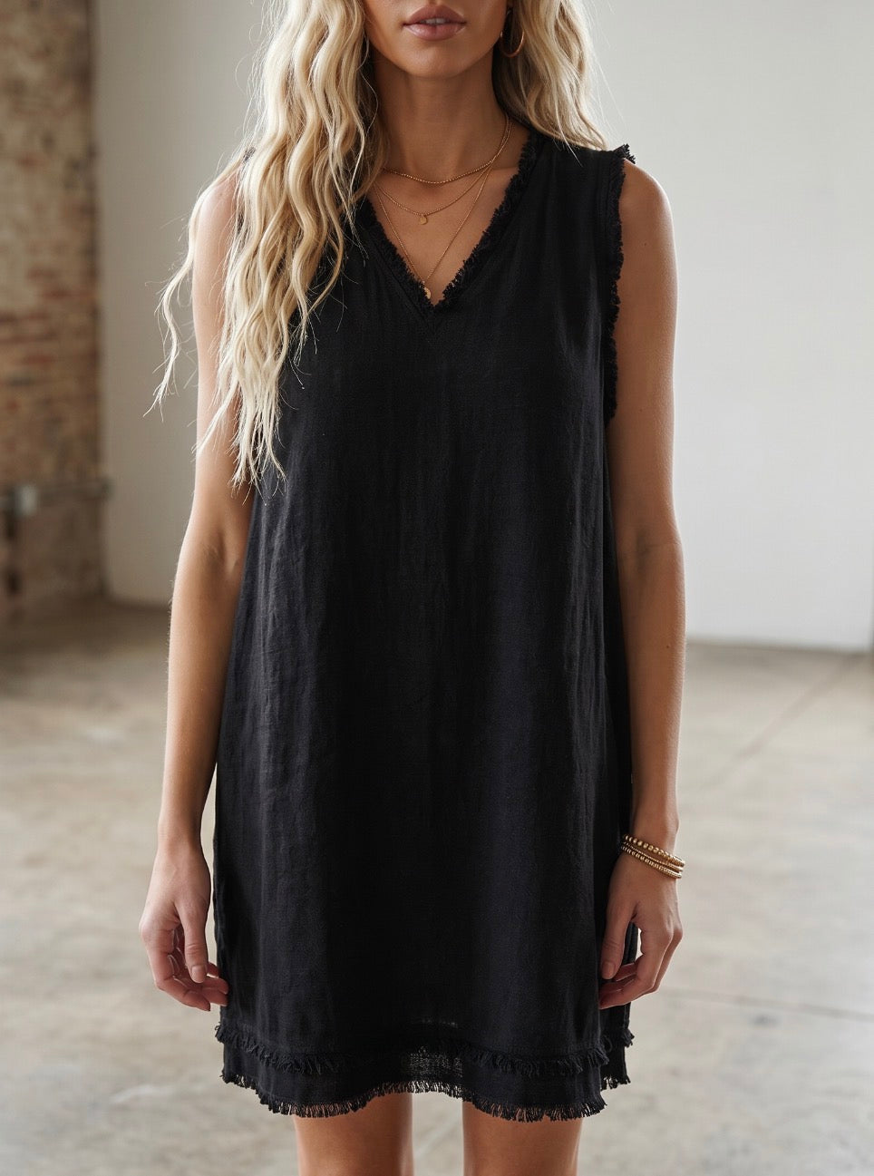 Soft Washed Cut Edge V-neck Frayed Hem Mini Dress