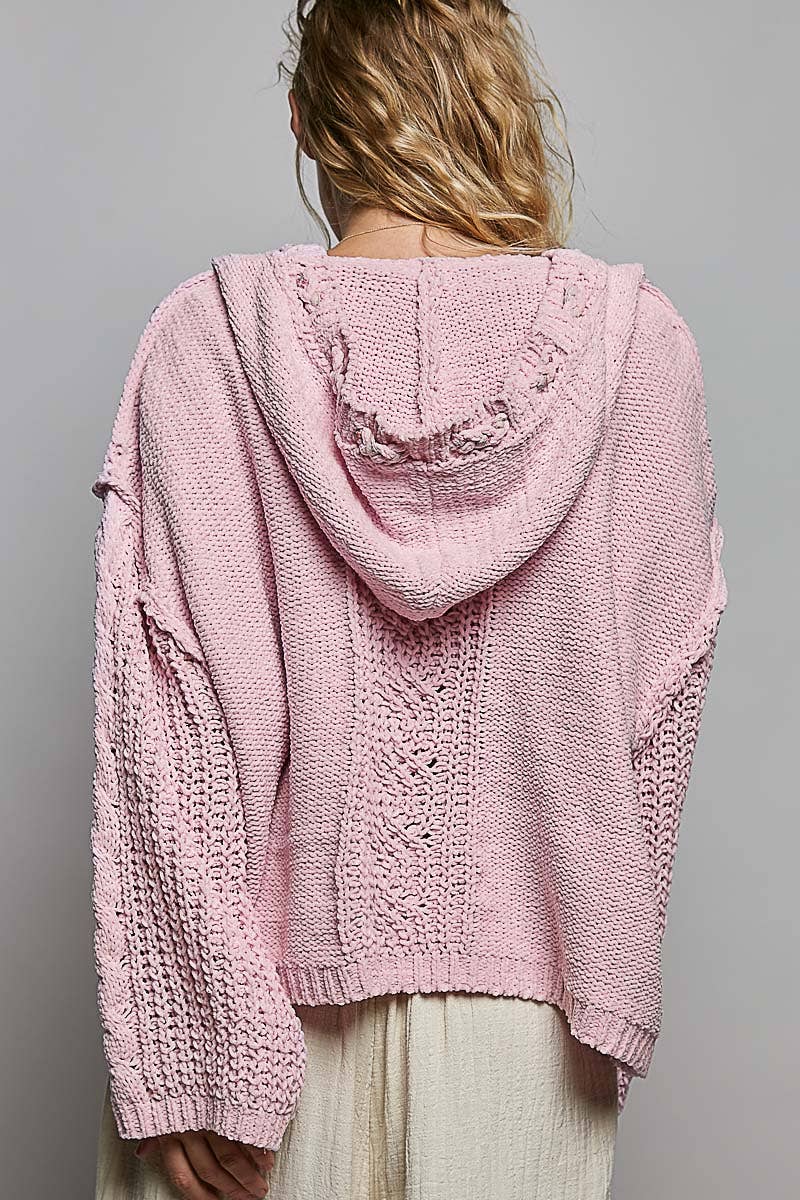 Oversize Fit V-neck Hooded Cable Knit Chenille Sweater SALE