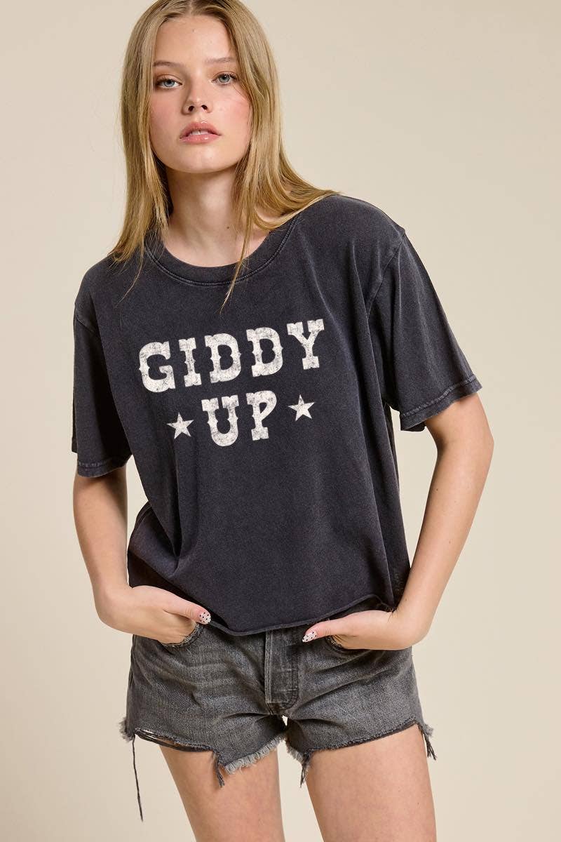 Giddy Up Graphic Raw Hem Faux Crop Tee