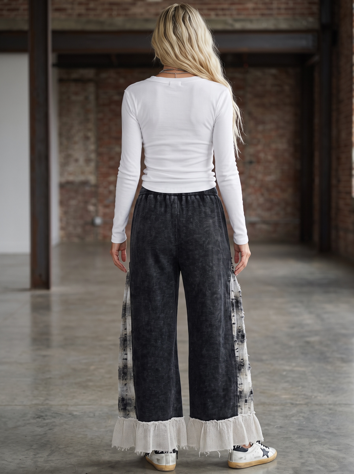 POL Waffle Knit Plaid Wide Leg Pants
