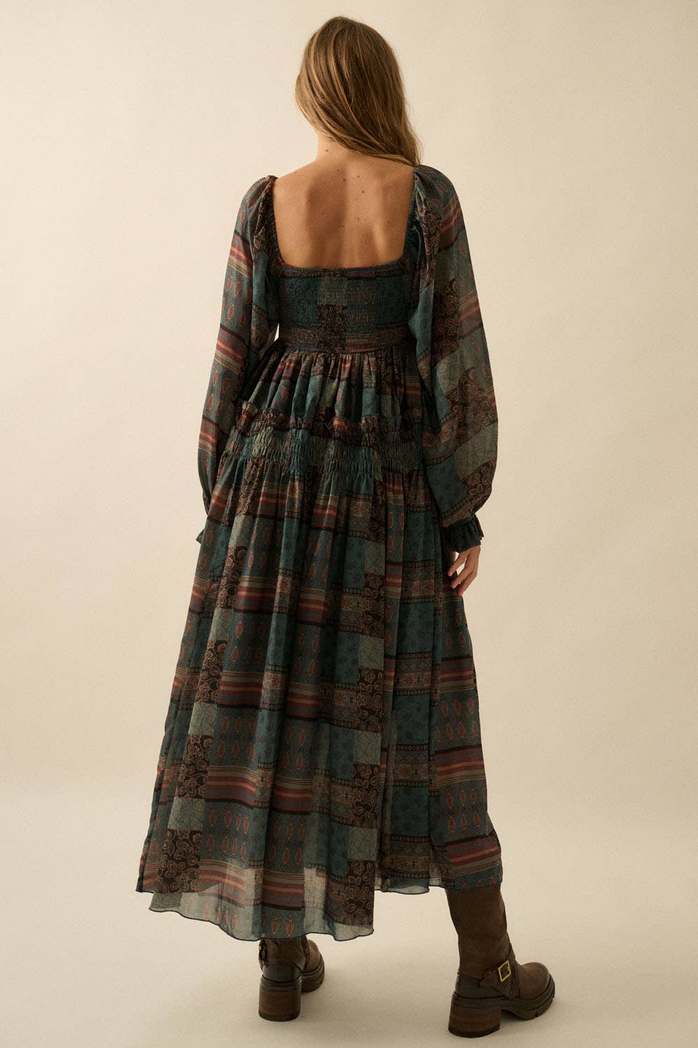 Patchwork-Print Smocked Bubble-Sleeve Midi Dress