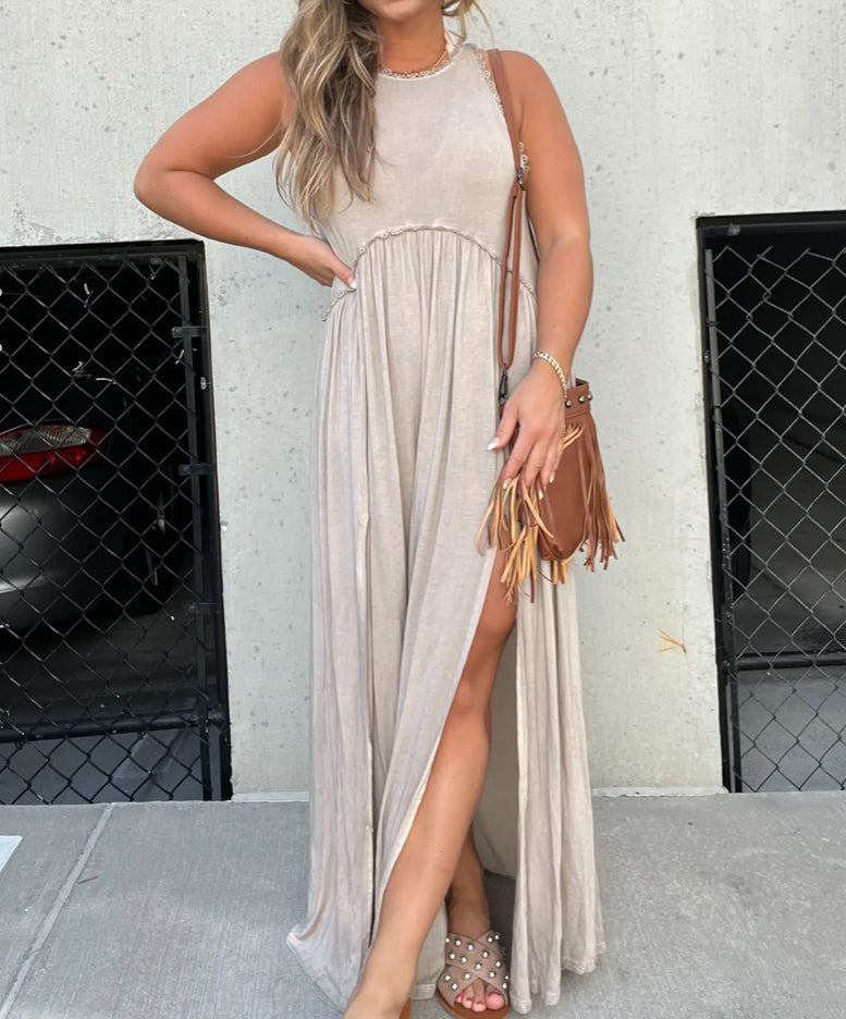 Stone Washed Side Slit Cut Out Maxi Dress