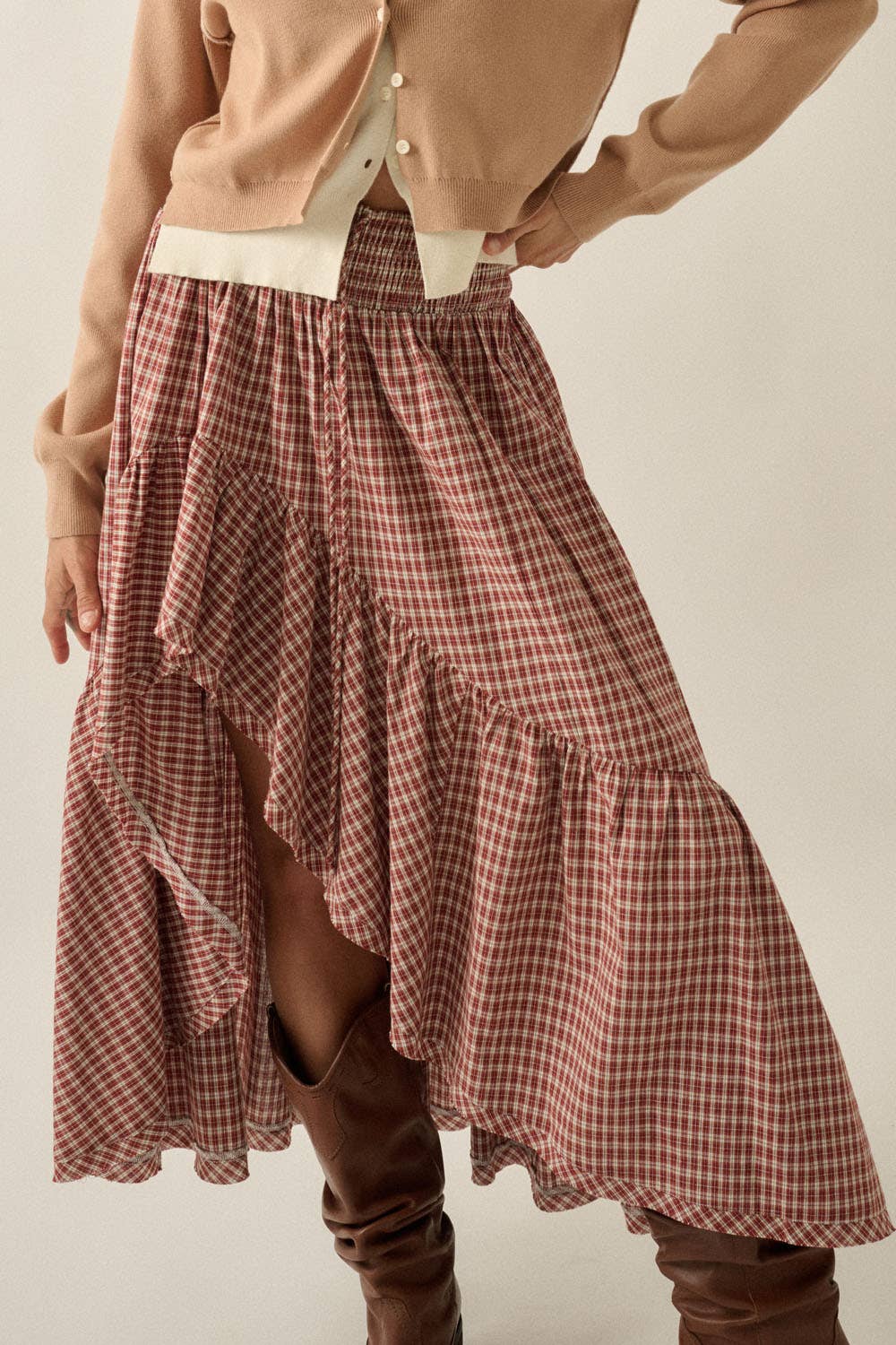 Plaid Asymmetrical High-Low Smocked Ruffle Maxi Skirt