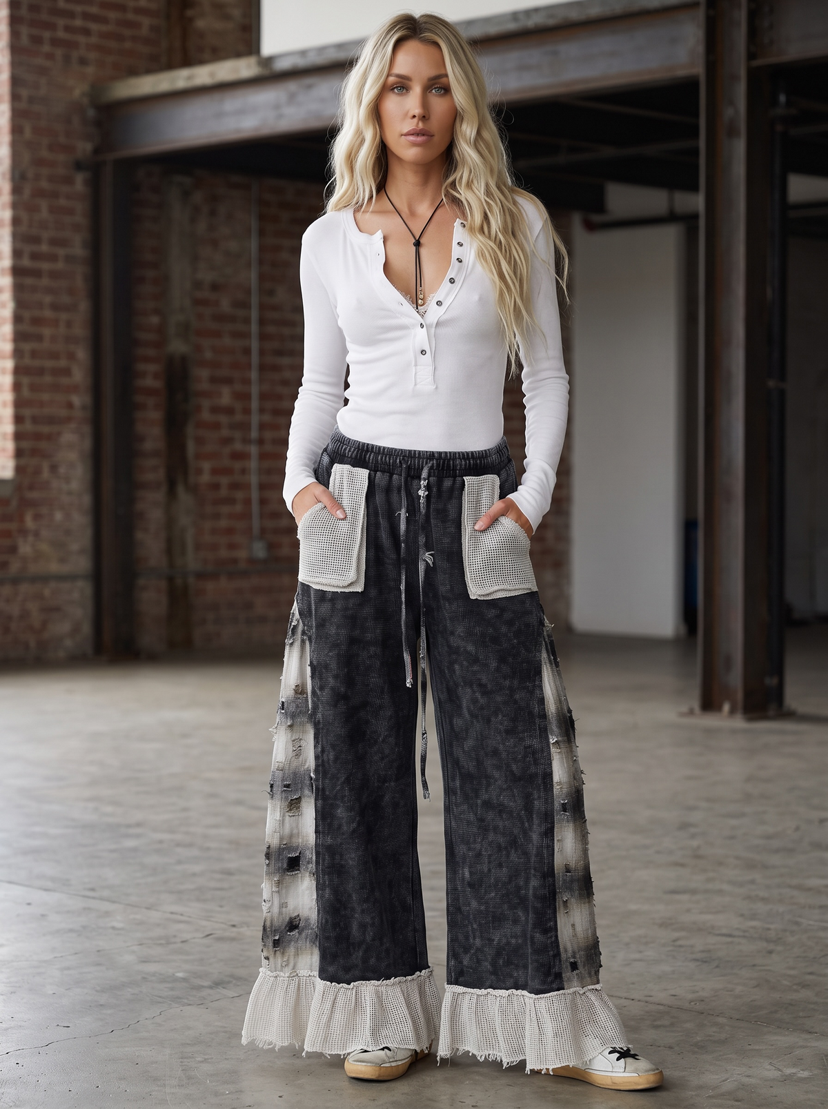 POL Waffle Knit Plaid Wide Leg Pants