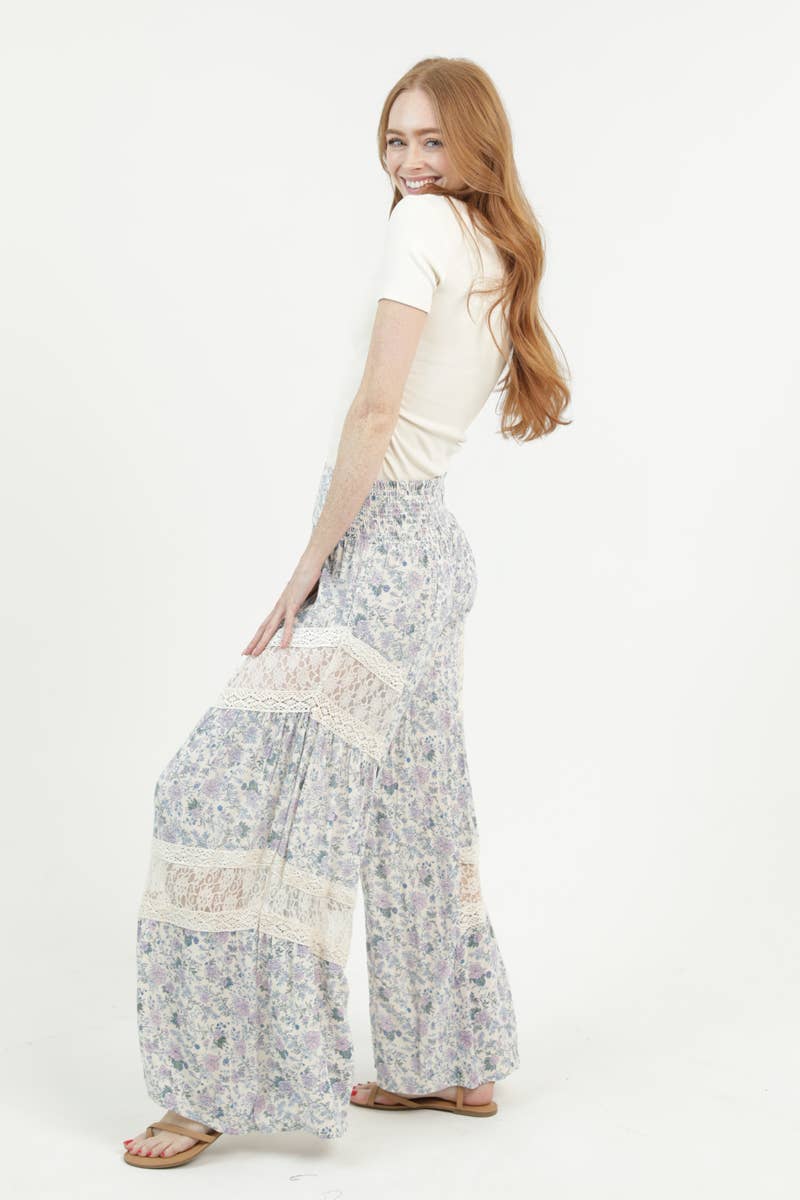 B3808-FR53 LACE INSETS WIDE LEG FLORAL PRINT PANTS