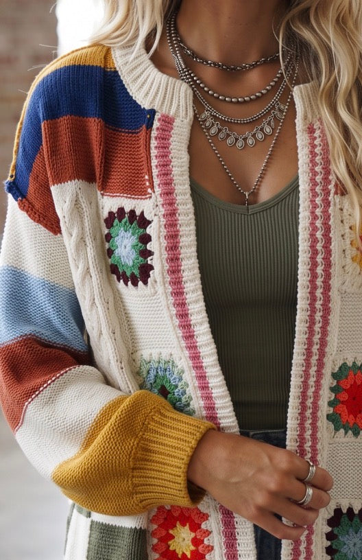POL Handmade Patchwork Striped Chenille Cardigan