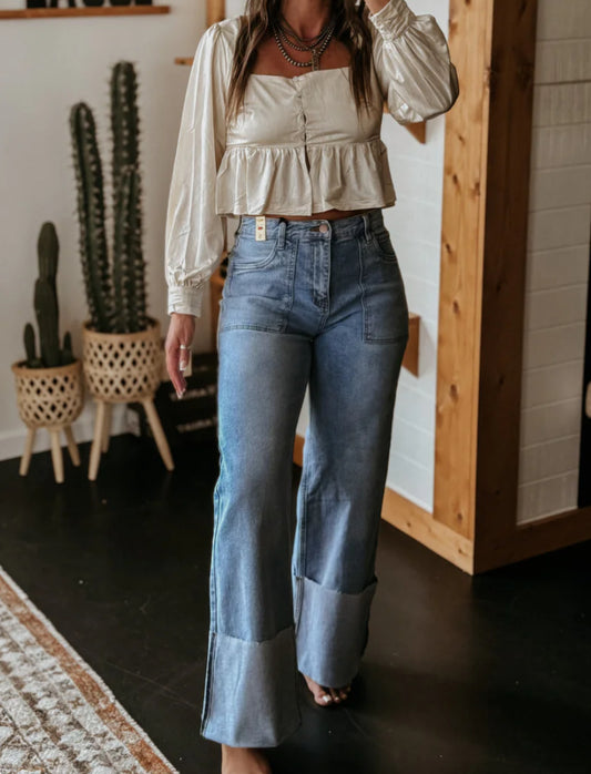 High-Waisted Wide Leg Cuffed Jeans