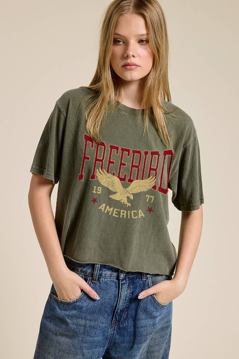 Free Bird America 1977 Graphic Raw Hem Faux Crop Tee