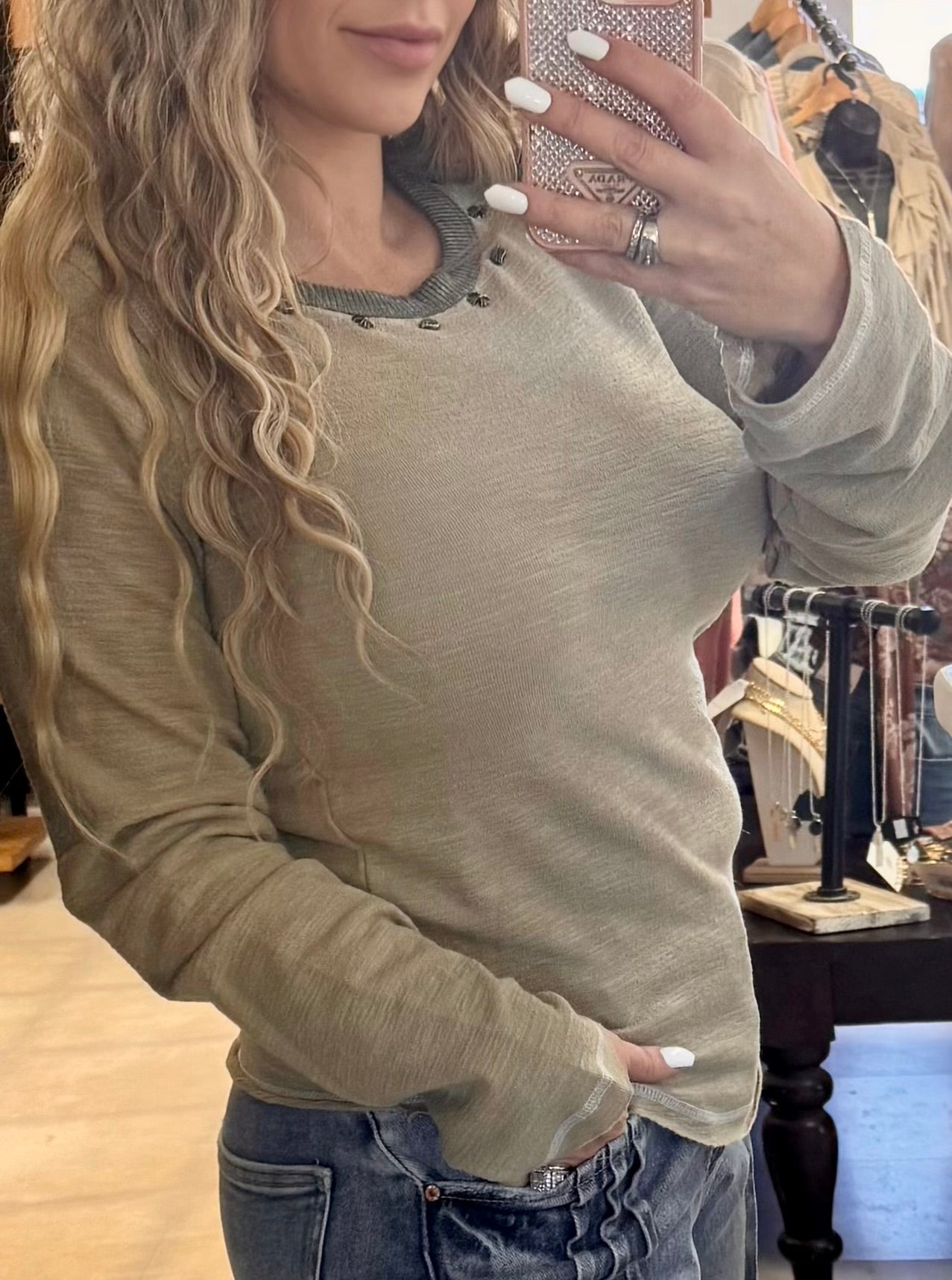 POL Studded Long Sleeve Top