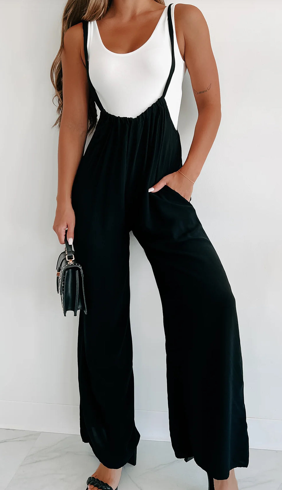 Woven Tie Back Suspender Jumpsuit