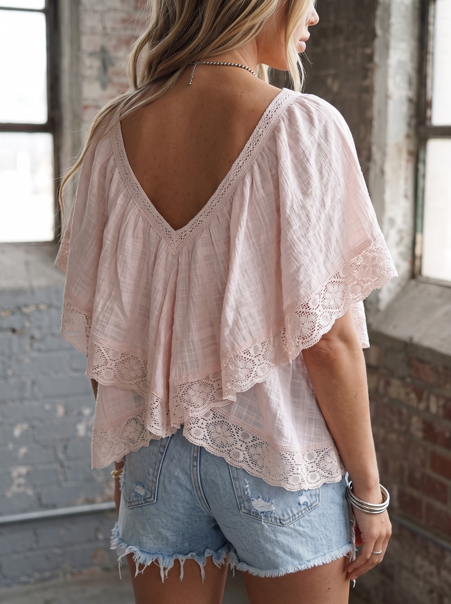POL Lace Trim V Ruffle Top