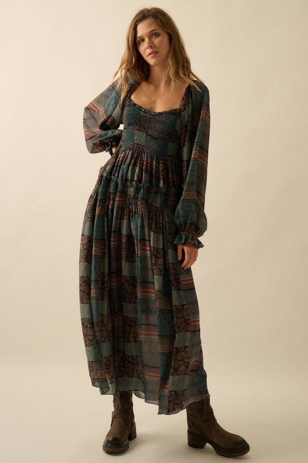Patchwork-Print Smocked Bubble-Sleeve Midi Dress