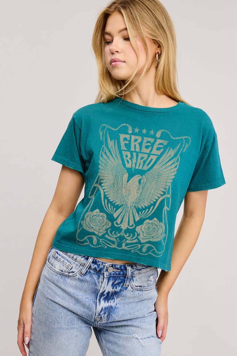 Free Bird Graphic S/S Seamless Faux Crop ZO