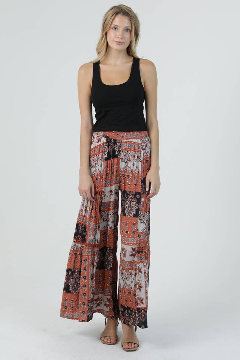 25R84-AA24 PRINTED WIDE LEG FLARE PANTS WITH LACE TRIM