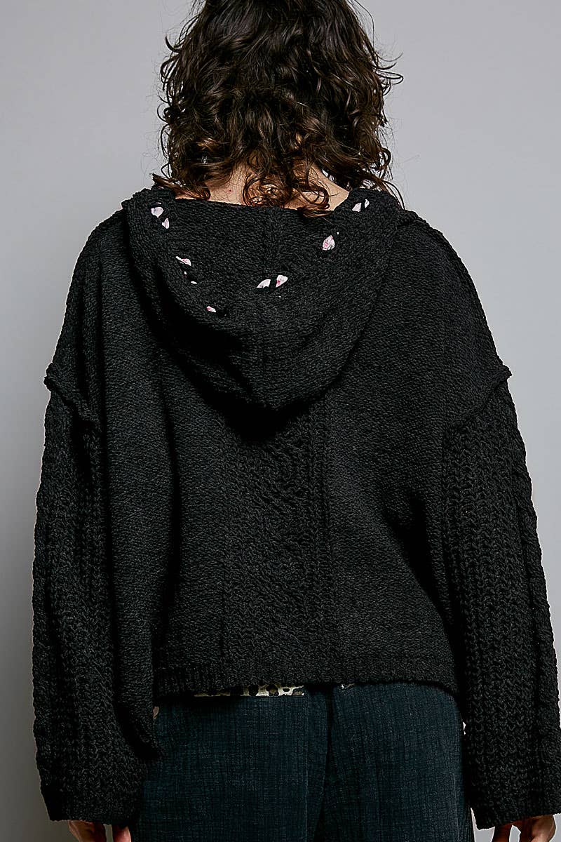 Oversize Fit V-neck Hooded Cable Knit Chenille Sweater SALE