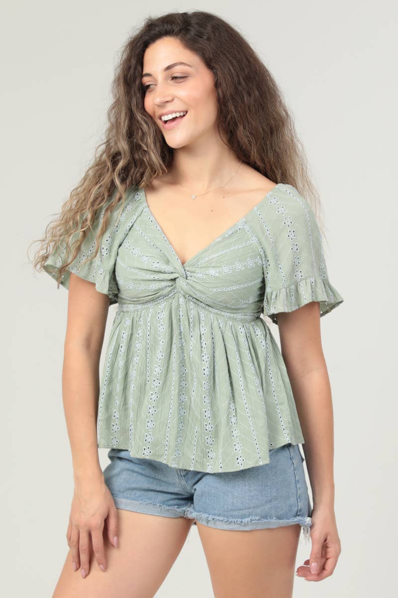 C2186-EM08 EYELET EMBROIDERED TWIST FRONT BLOUSE