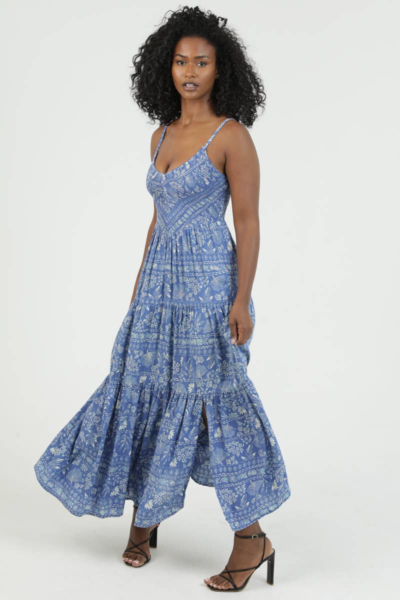 F4K71-WB34 V NECK SMOCKED BODICE MAXI DRESS