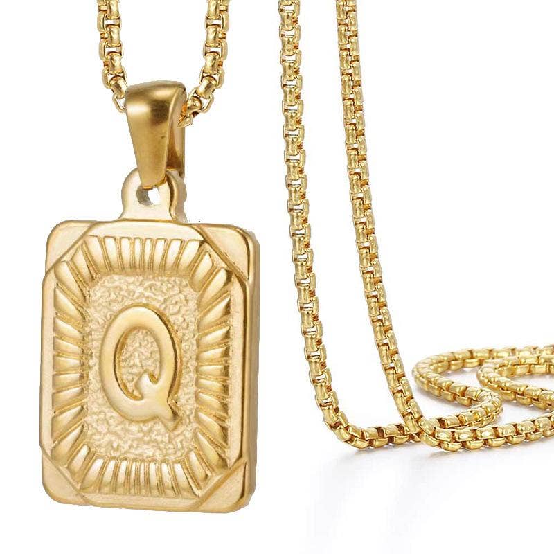 18K Gold Plated Stainless Steel Rectangle Initial Necklace