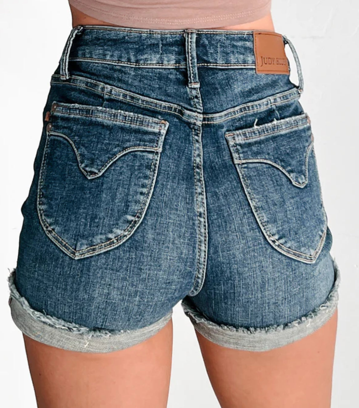 Judy Blue Tummy Control Fray Hem & Shield Back Pockets Denim Shorts