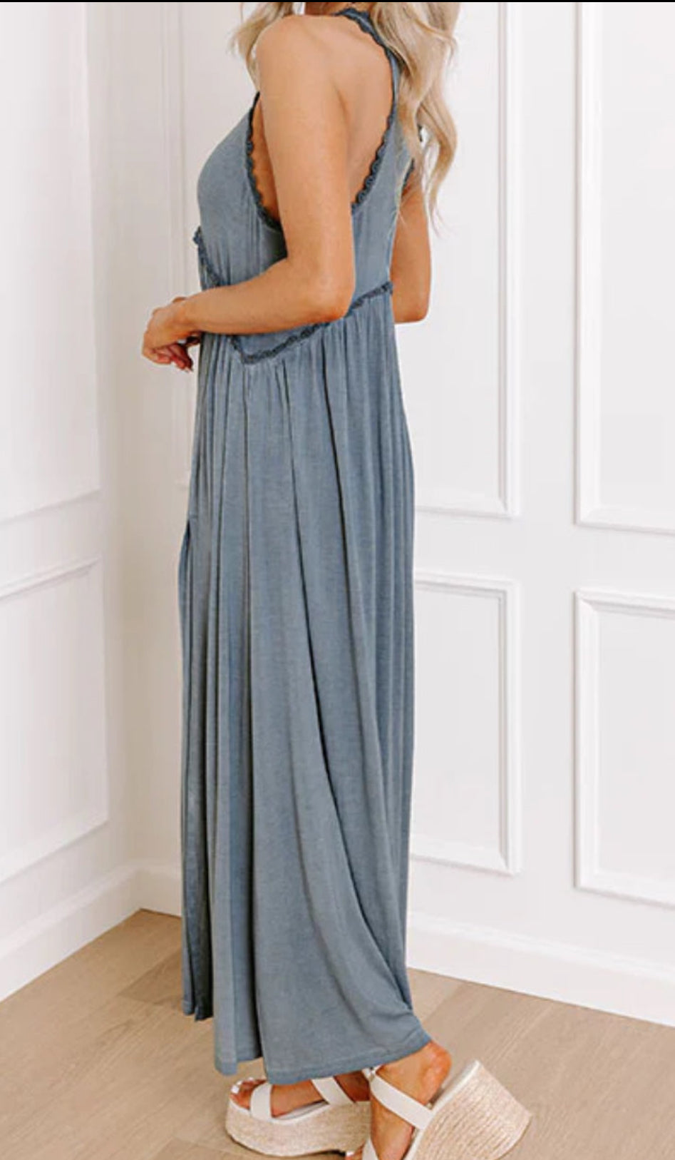 Stone Washed Side Slit Cut Out Maxi Dress