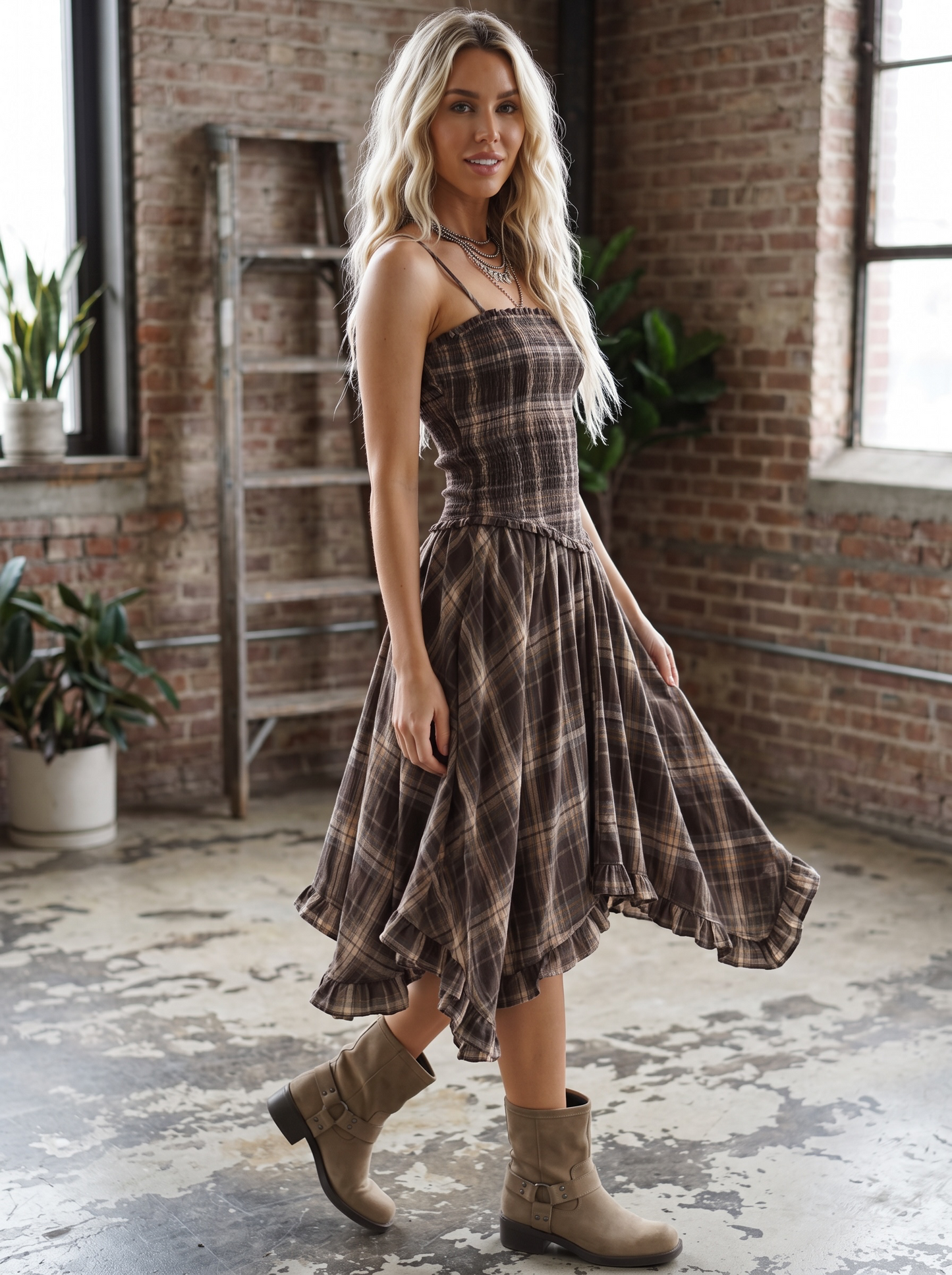Plaid Smocked Midi Dress