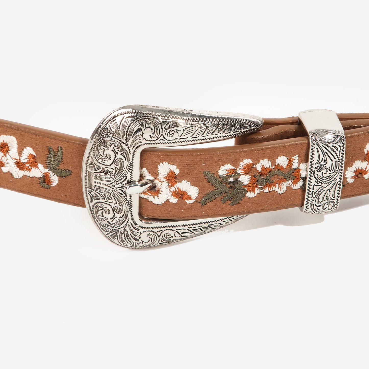 Flower Embroidered Etch Buckle Belt