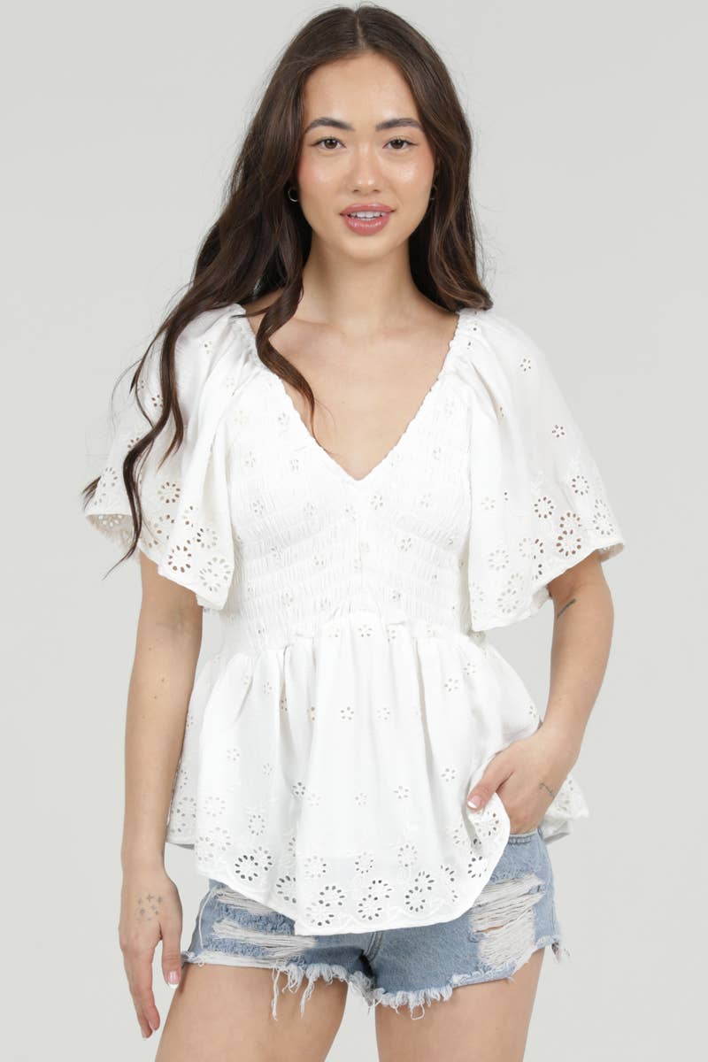 C2192-EM34 EYELET EMBROIDERED V NECK SMOCKED BUST BLOUSE