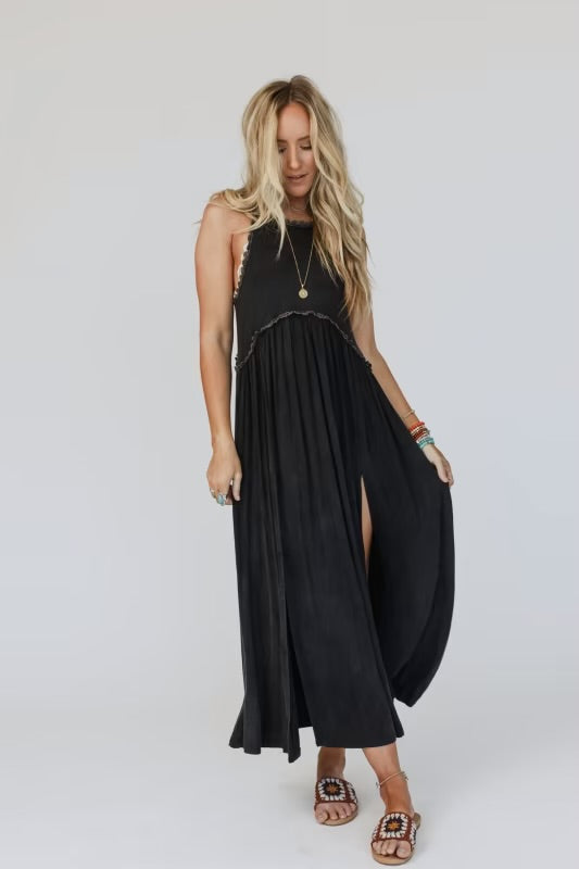 Stone Washed Side Slit Cut Out Maxi Dress