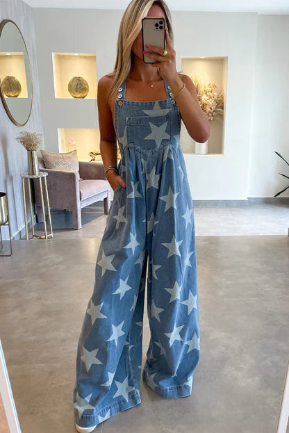 BiBi Star Pattern Wide Leg Washed Denim Overalls