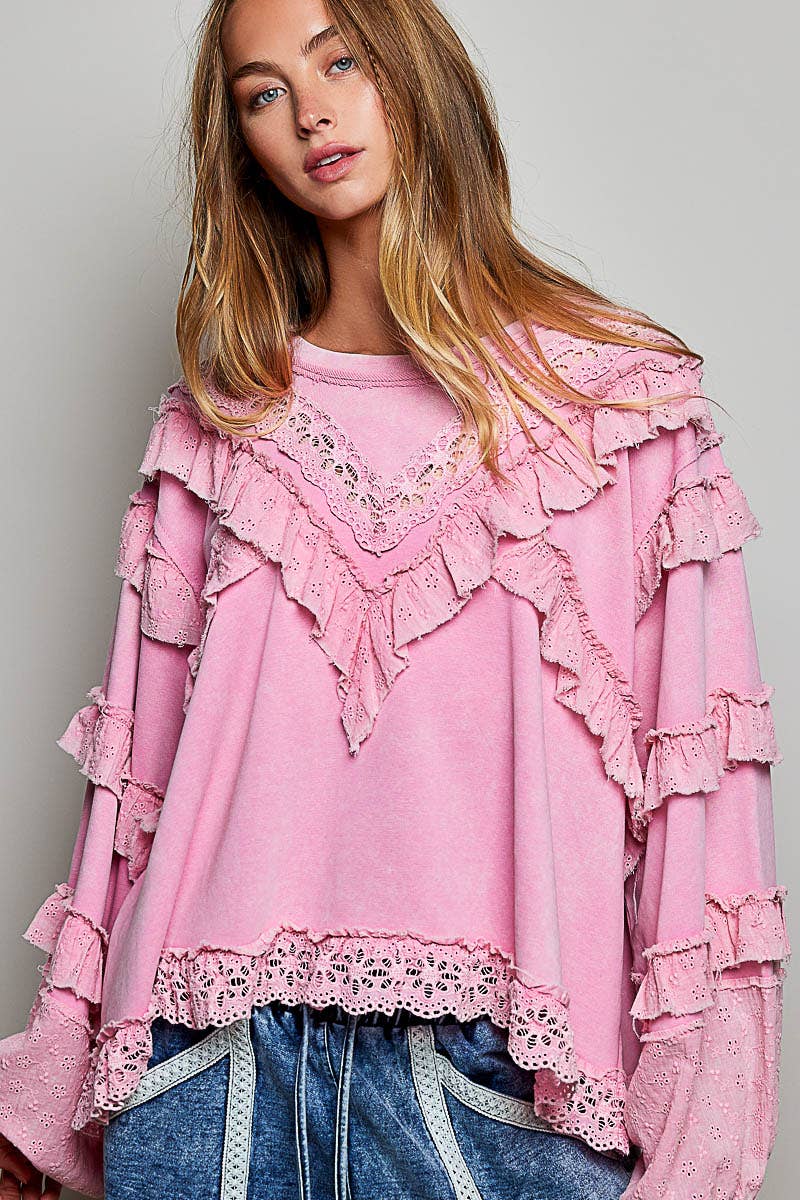 POL Eyelet Ruffle Sweatshirt