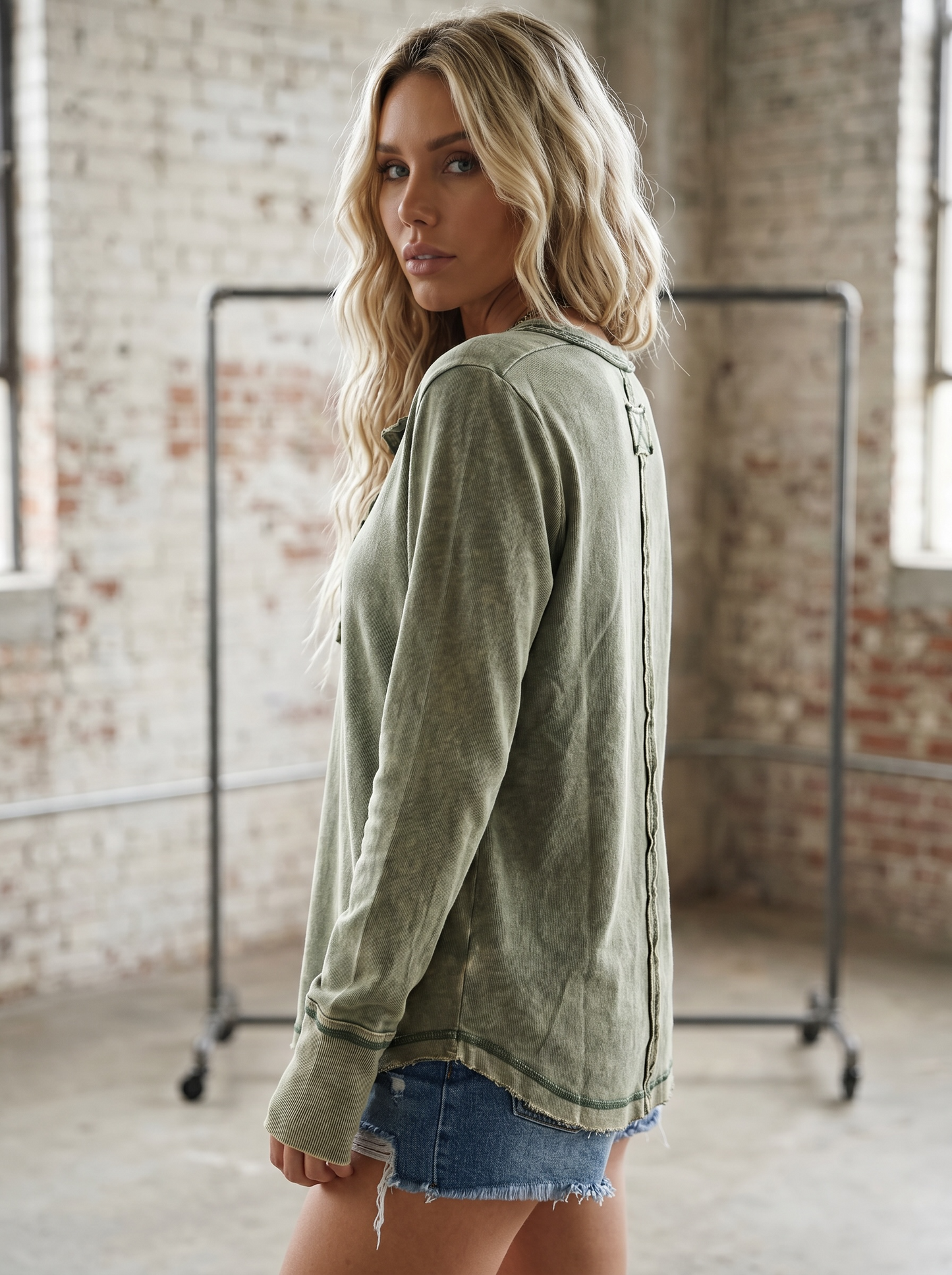 Mixed Button Thumb Hole Top