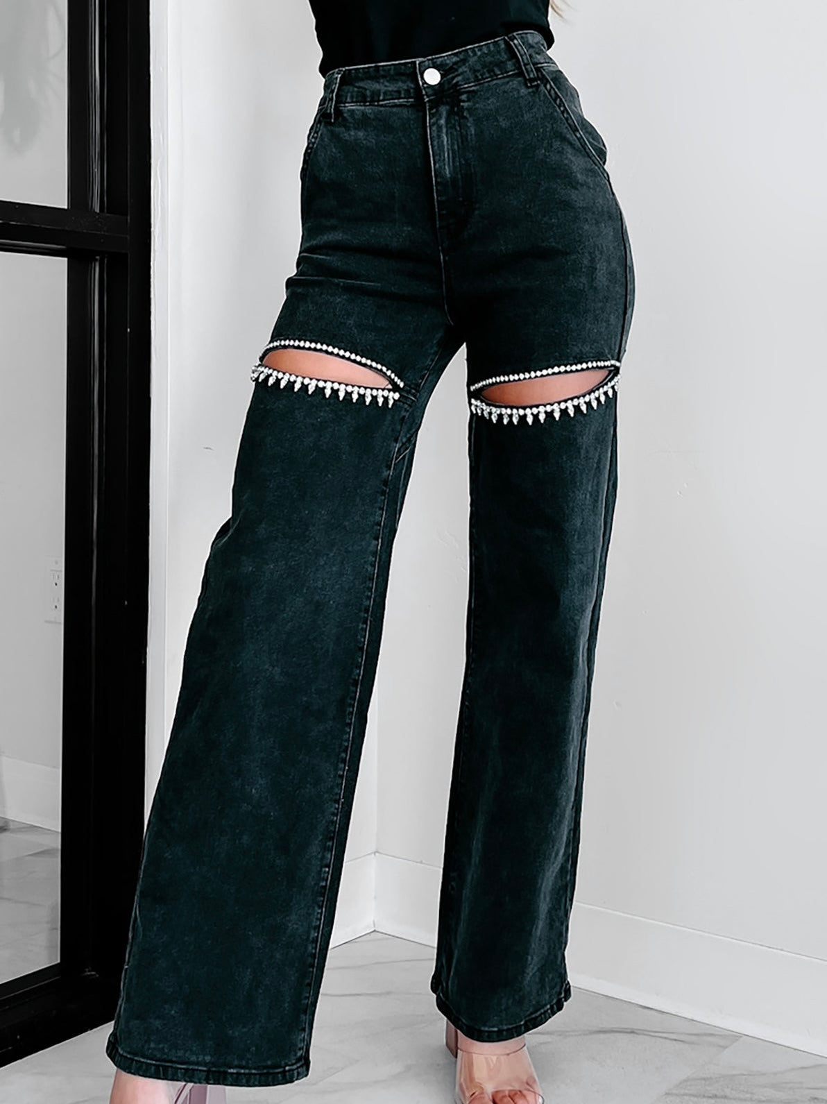 Washed Denim Cut Front Rhinestone Jeans