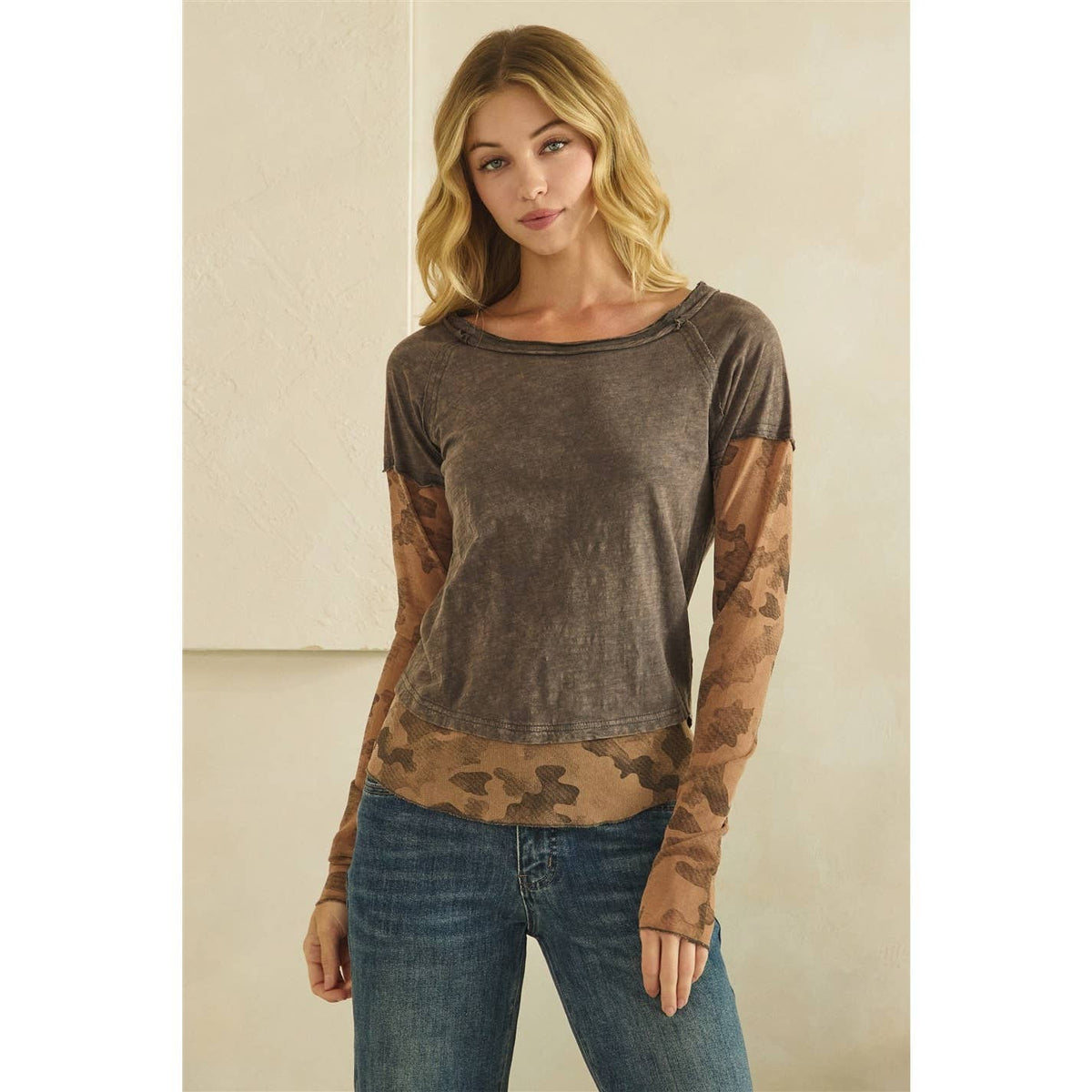 CAMOUFLAGE PRINT MIX LAYERED LOOK PULL OVER