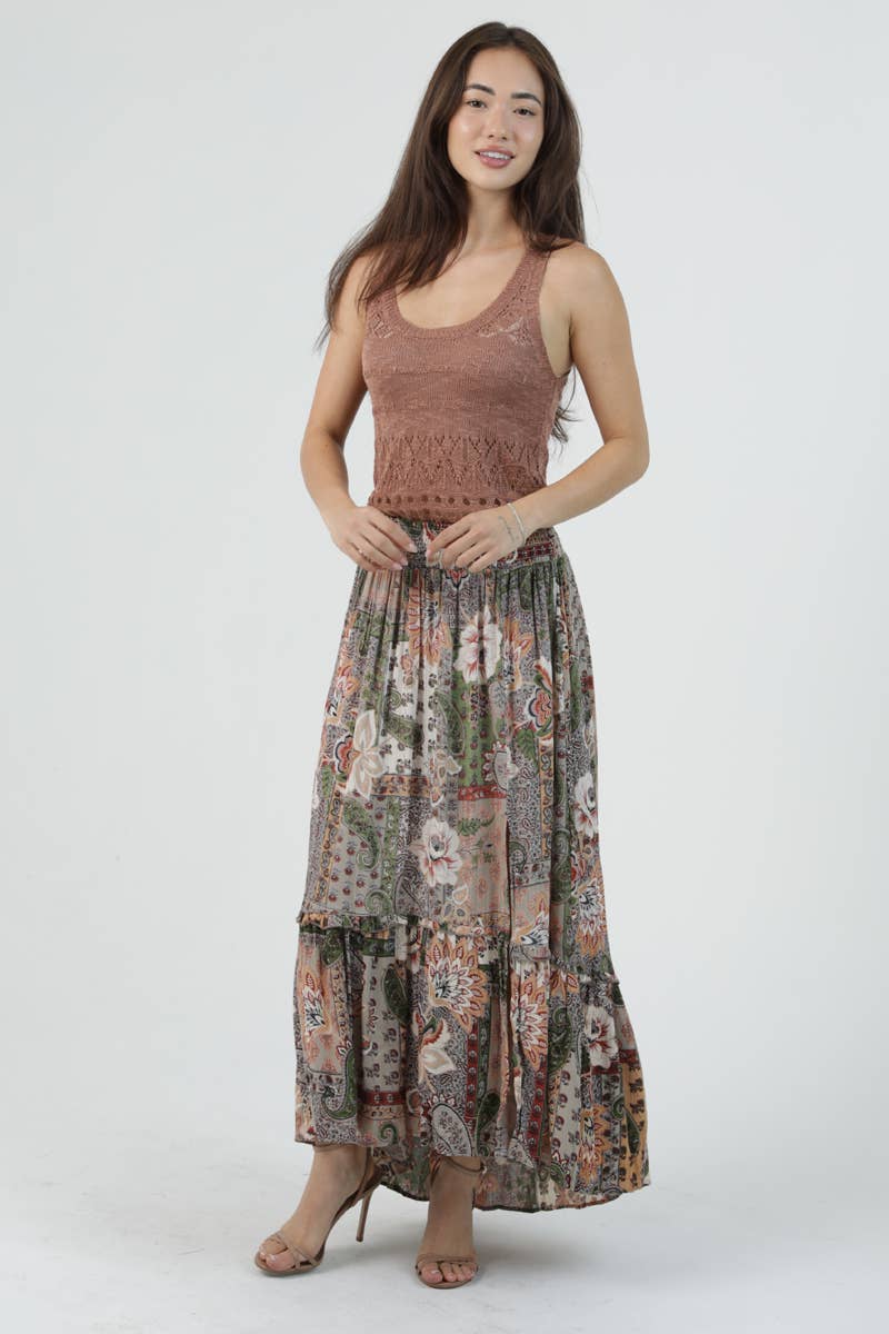 B6A21-W909 SMOCKED WAIST SKIRT WITH SLIT