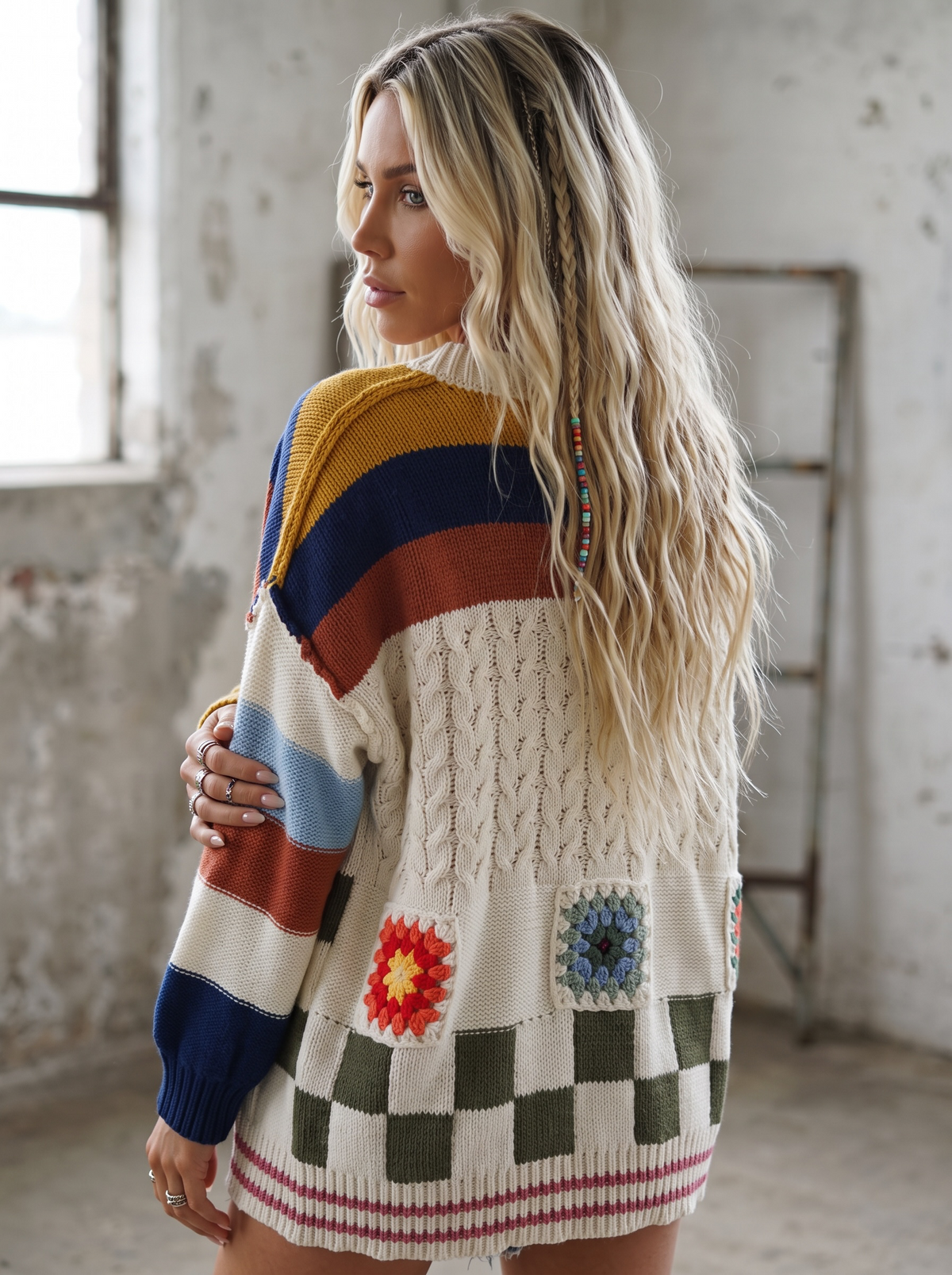 POL Handmade Patchwork Striped Chenille Cardigan