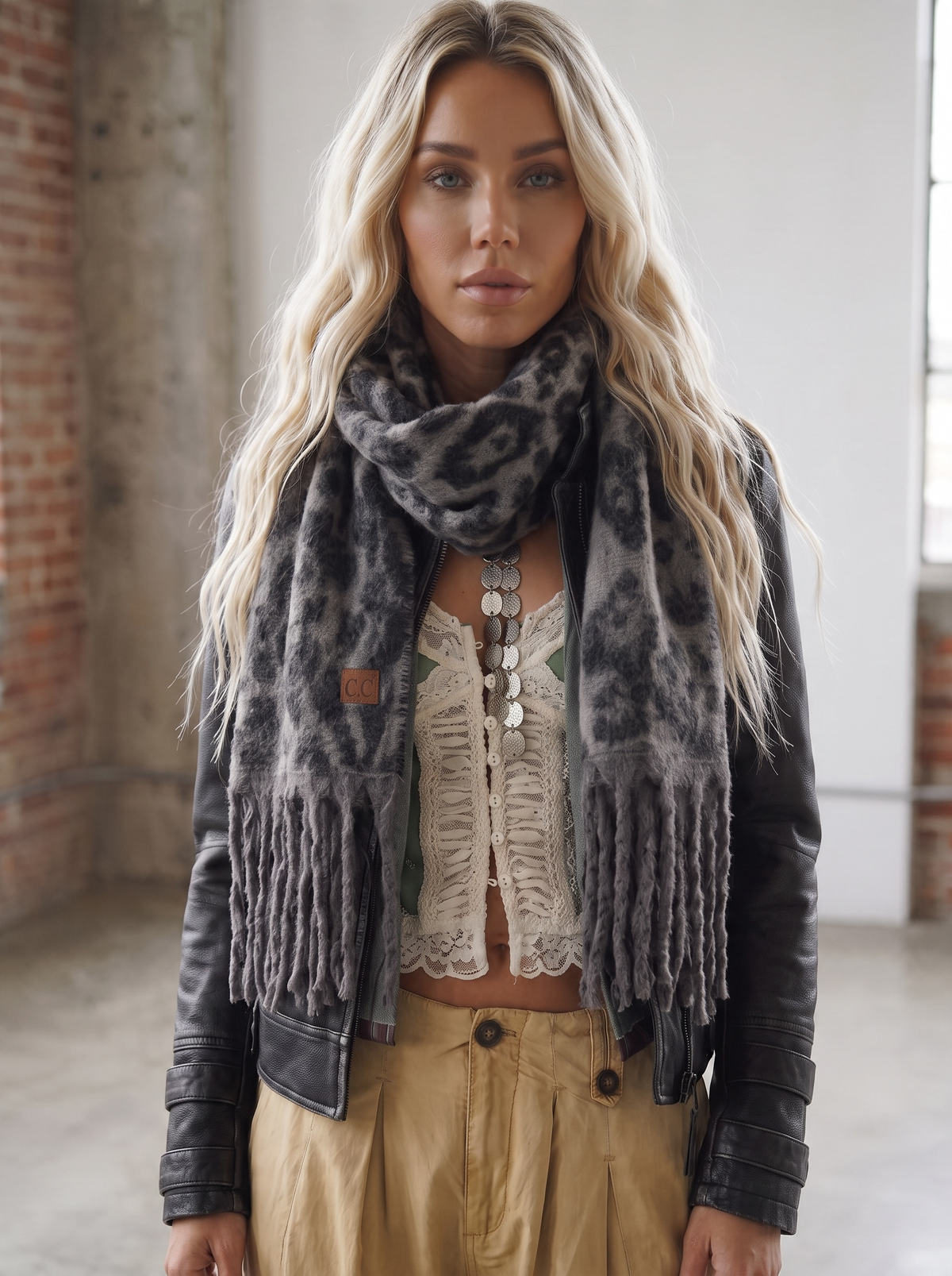 C.C Leopard Print Fringe Scarf