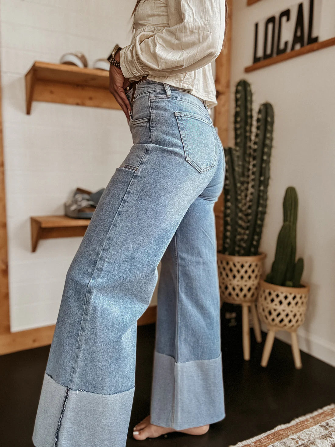 High-Waisted Wide Leg Cuffed Jeans