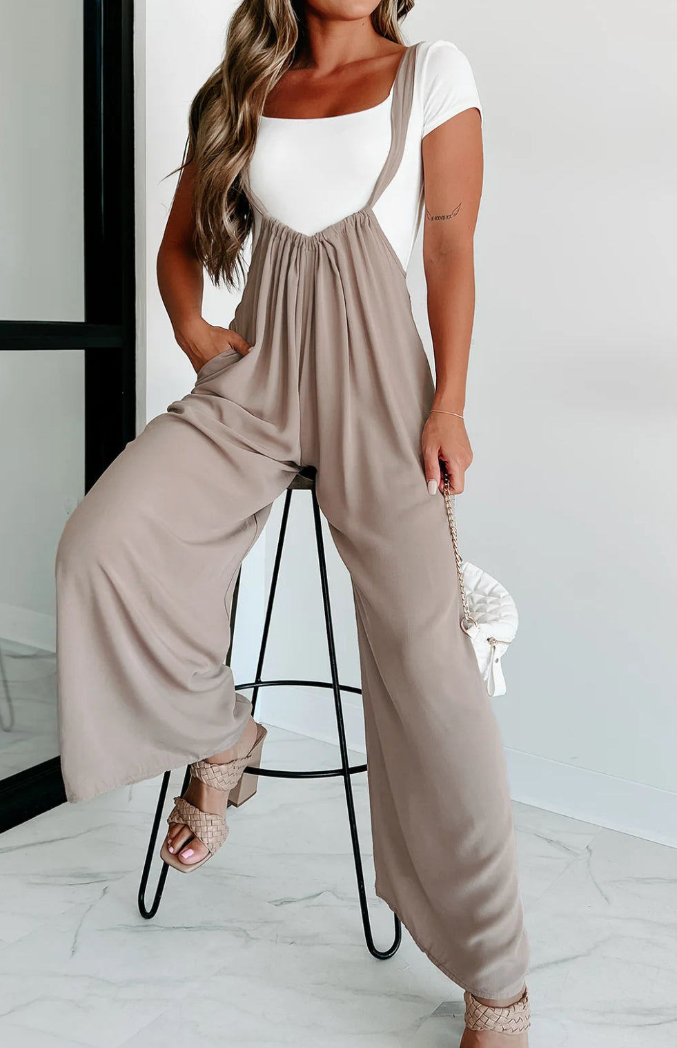 Woven Tie Back Suspender Jumpsuit