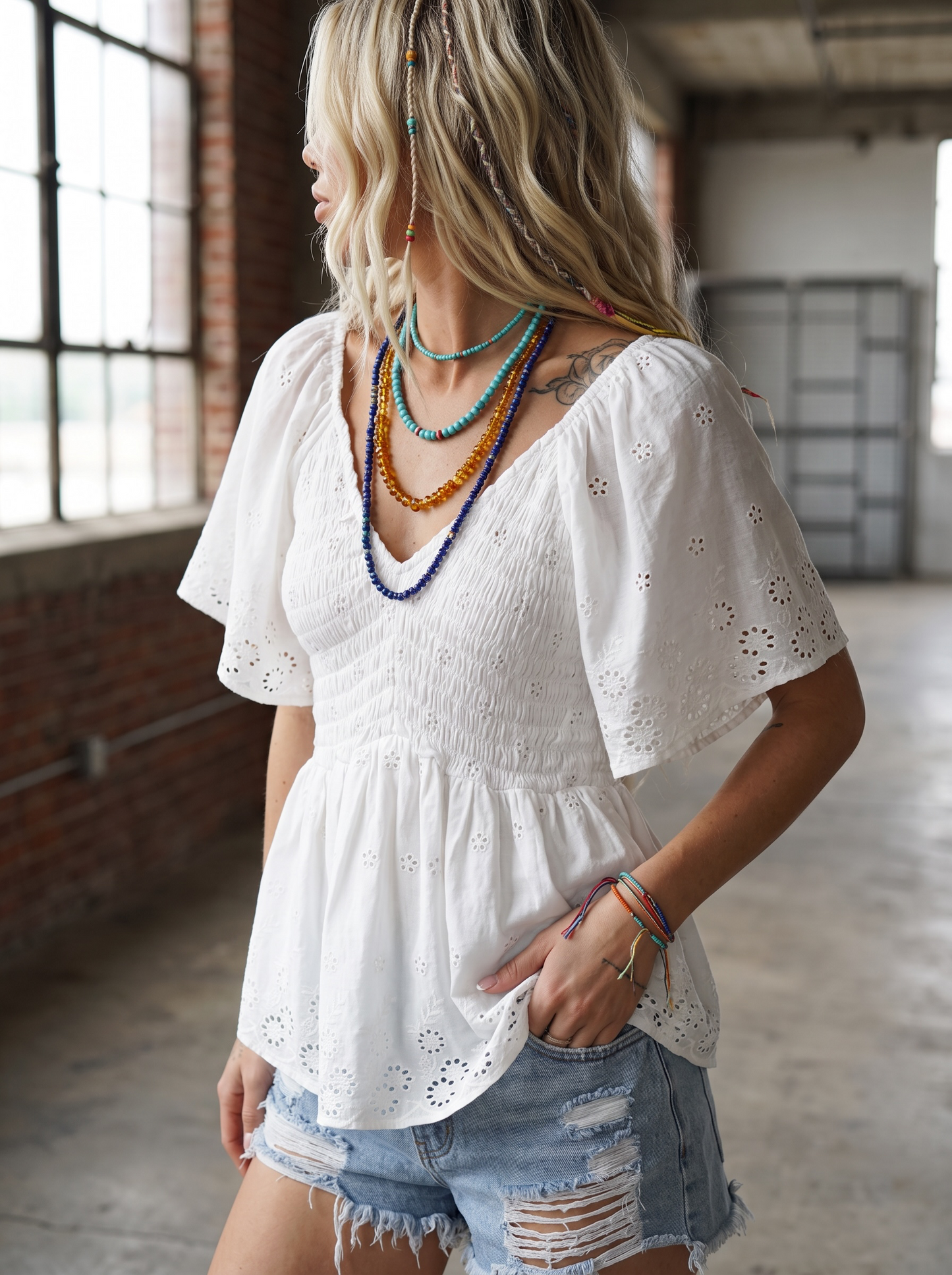 Angie Smocked Eyelet Top