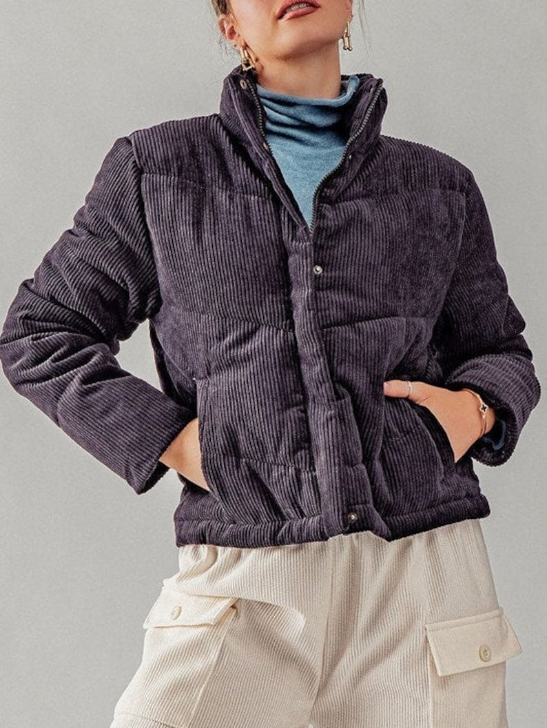 Corduroy Puffer Jacket with Toggle Detail