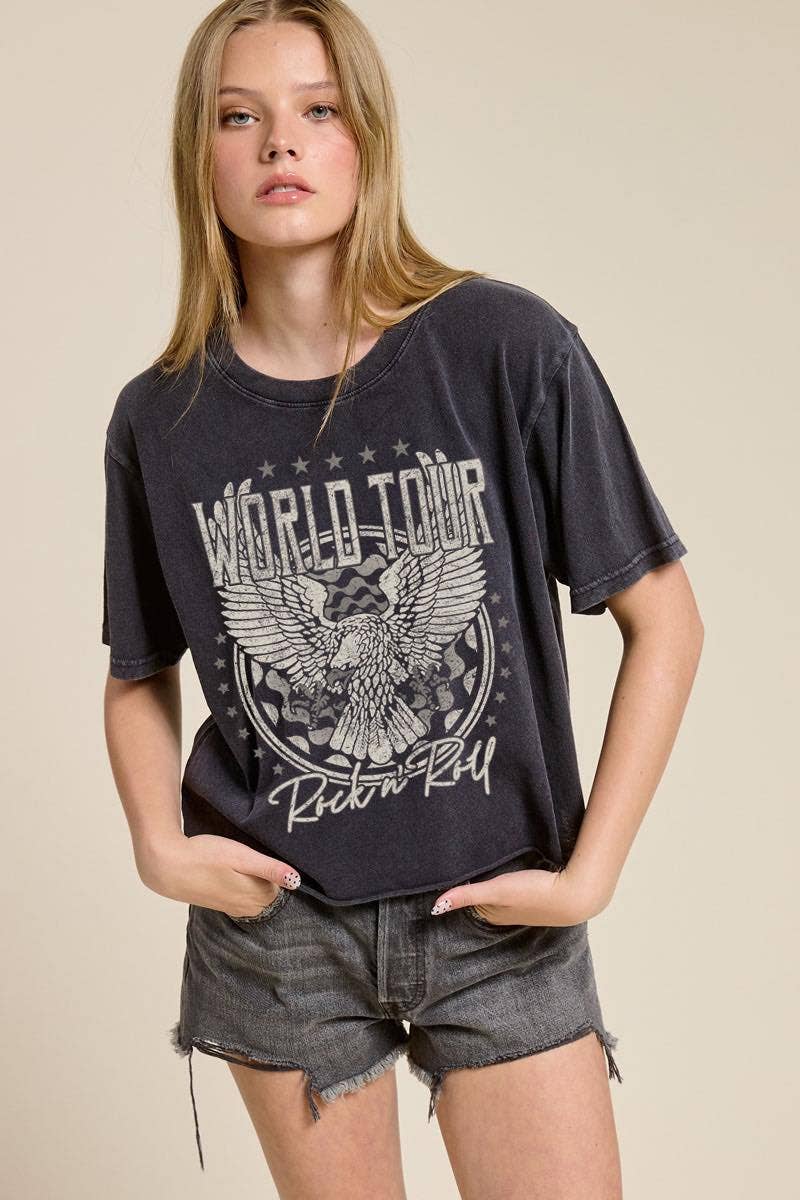 World Tour Rock N Roll Eagle Graphic Faux Crop Tee