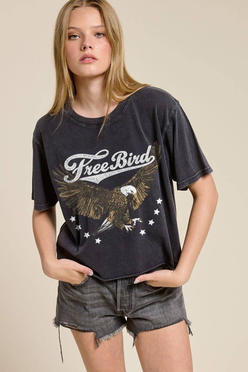 PUFF' Free Bird Graphic Raw Hem Faux Crop Tee