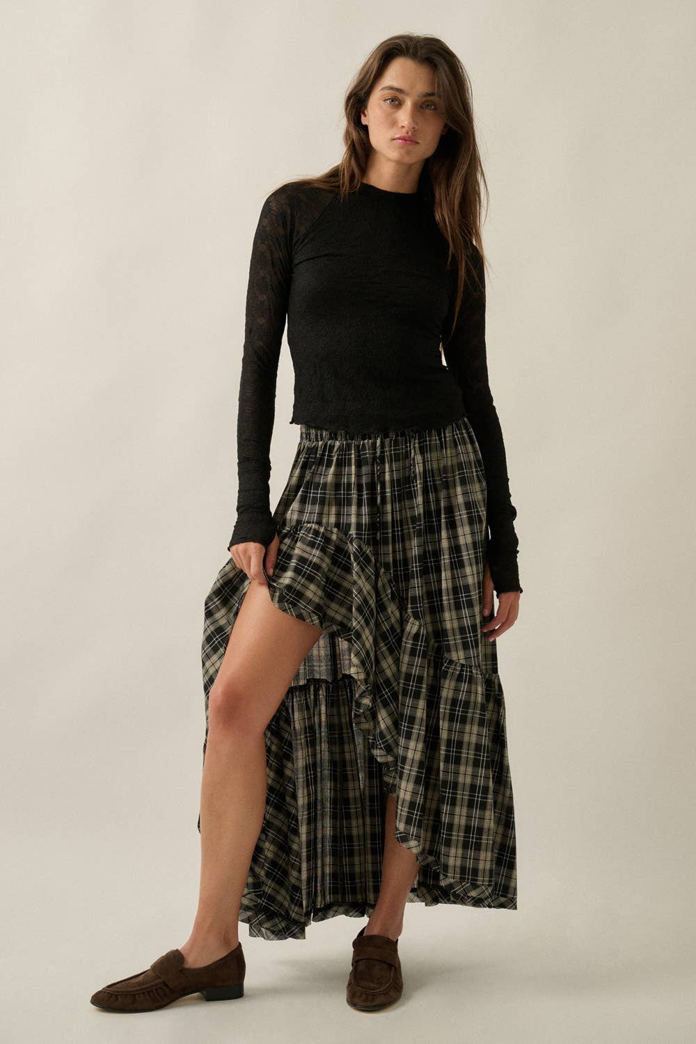 Plaid Asymmetrical High-Low Ruffle Maxi Skirt