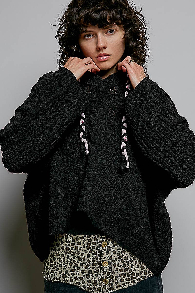 Oversize Fit V-neck Hooded Cable Knit Chenille Sweater SALE