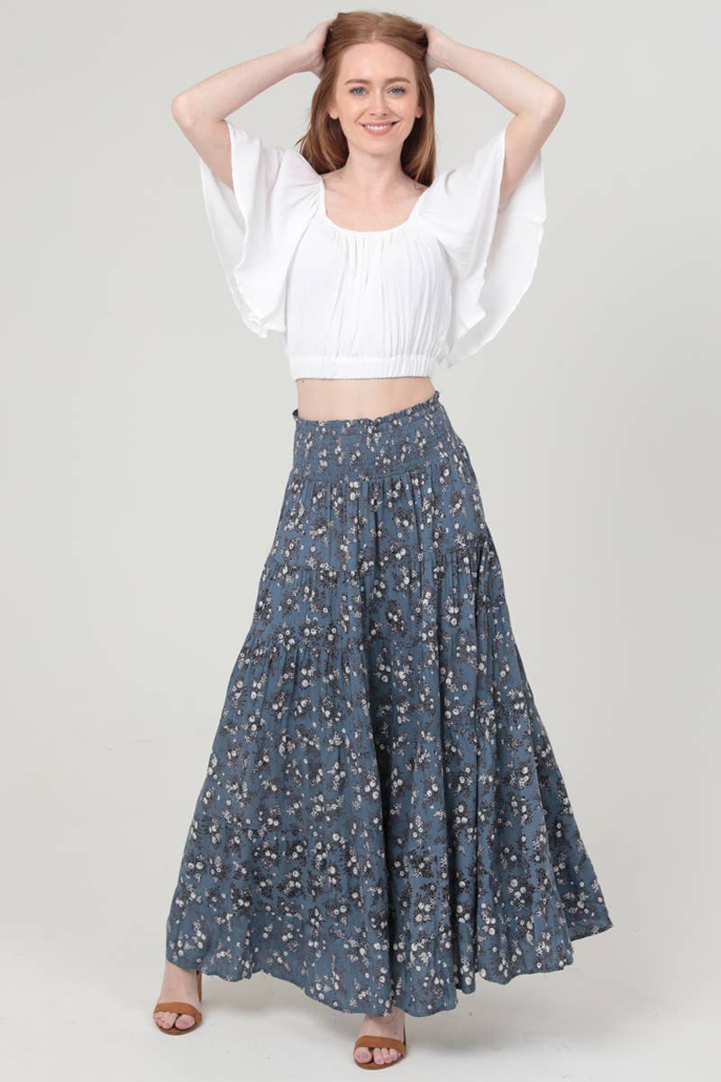 26P57-WA40 DITSY PRINT SMOCKED WAIST TIERED MAXI SKIRT